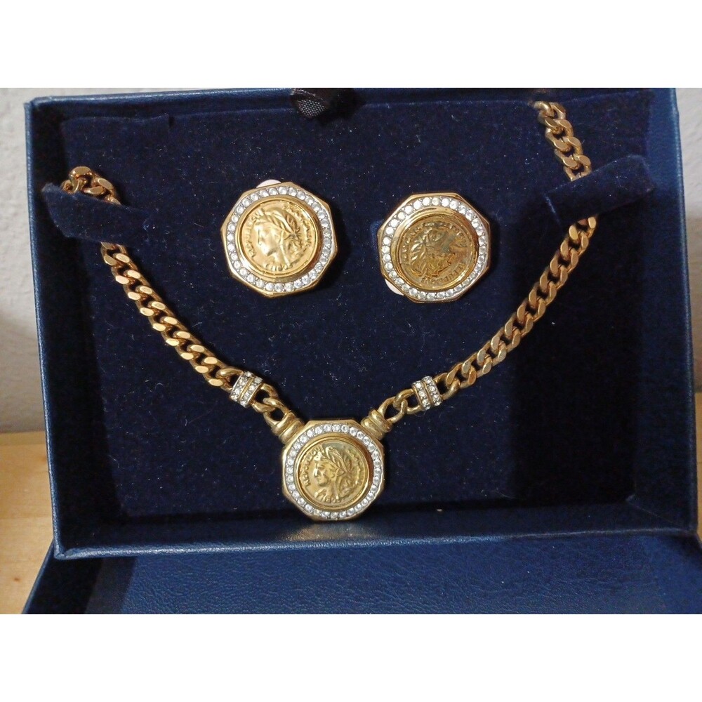 Vintage necklace and clip on earrings Francaise  coin replica 1803 gold plated